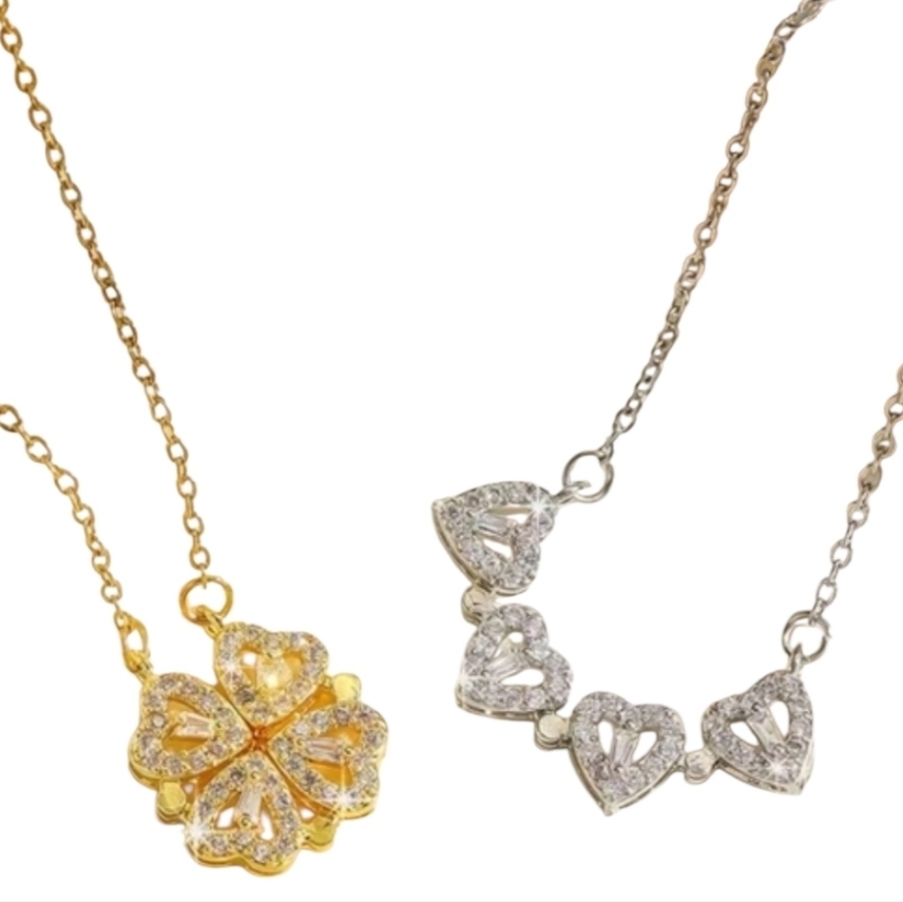 NEW Crystal Heart|Clover Magnetic Pendant Necklace - Gold Or Silver
